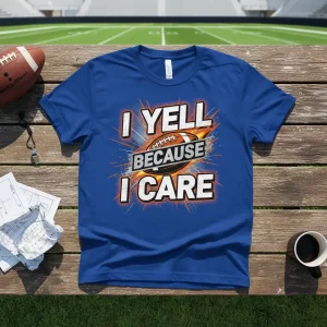 I YELL BECAUSE I CARE text with football graphic on a royal blue t-shirt