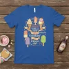 T-shirt design listing ice cream flavors: ORANGE PINEAPPLE VANILLA CHERRY FUDGE STRAWBERRY LIME SPRINKLE MINT CHOCOLATE with ice cream cones