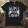 Keeper Of The Gender text design with cute ghosts, bats, and pink/blue colors on a black t-shirt