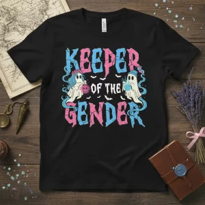 Keeper Of The Gender text design with cute ghosts, bats, and pink/blue colors on a black t-shirt