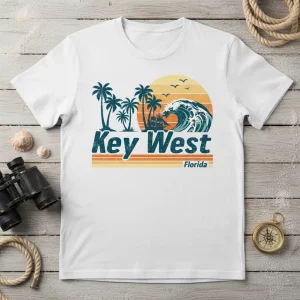Key West Florida t-shirt design with vintage sunset, palm trees, and ocean wave graphic