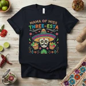 Mama of Miss Three-esta t-shirt design featuring a sugar skull wearing a sombrero and colorful festive decorations