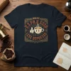 More Espresso Less Depresso quote on a navy t-shirt with a cartoon espresso cup giving a thumbs up