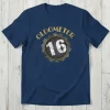 Oldometer 16 birthday t-shirt with a vintage gear graphic and gold lettering celebrating the number 16