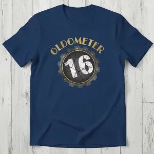 Oldometer 16 birthday t-shirt with a vintage gear graphic and gold lettering celebrating the number 16