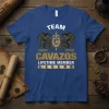Team Cavazos Lifetime Member Legend text design with dragons and shield graphic on a royal blue t-shirt