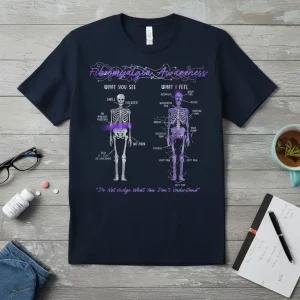 Fibromyalgia Awareness T-Shirt with "Do Not Judge What You Don't Understand" quote and skeleton diagrams showing pain points