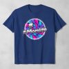 #Momlife hashtag graphic on a navy blue t-shirt with a colorful, abstract circle design