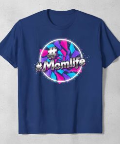 #Momlife hashtag graphic on a navy blue t-shirt with a colorful, abstract circle design