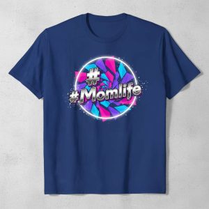 #Momlife hashtag graphic on a navy blue t-shirt with a colorful, abstract circle design