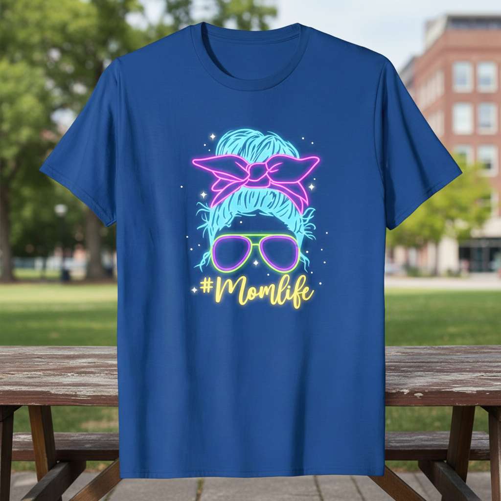 Vibrant neon #Momlife text with messy bun and sunglasses graphic on a blue t-shirt