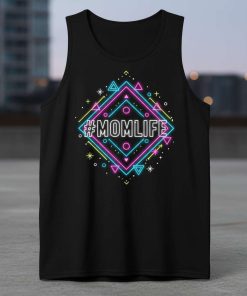 Neon #Momlife graphic on a black tank top, featuring geometric shapes and bright pink, blue, and yellow lights