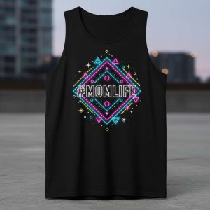 Neon #Momlife graphic on a black tank top, featuring geometric shapes and bright pink, blue, and yellow lights