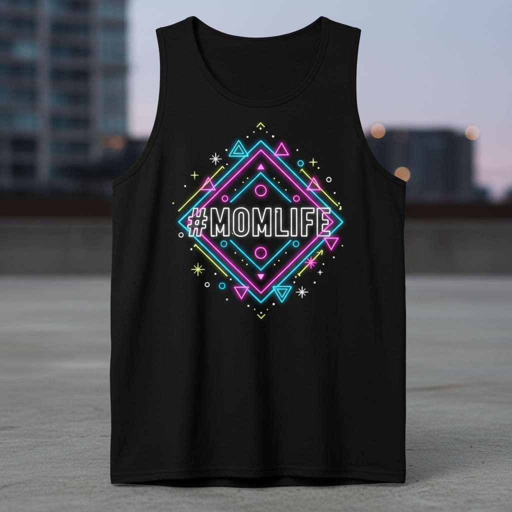 #Momlife neon graphic tank top featuring vibrant geometric lights in pink, blue, and yellow